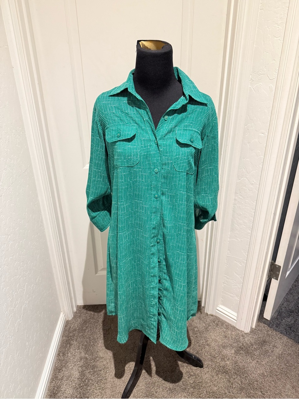 CAbi Emerald Green Dot Print Shirt Dress with tie